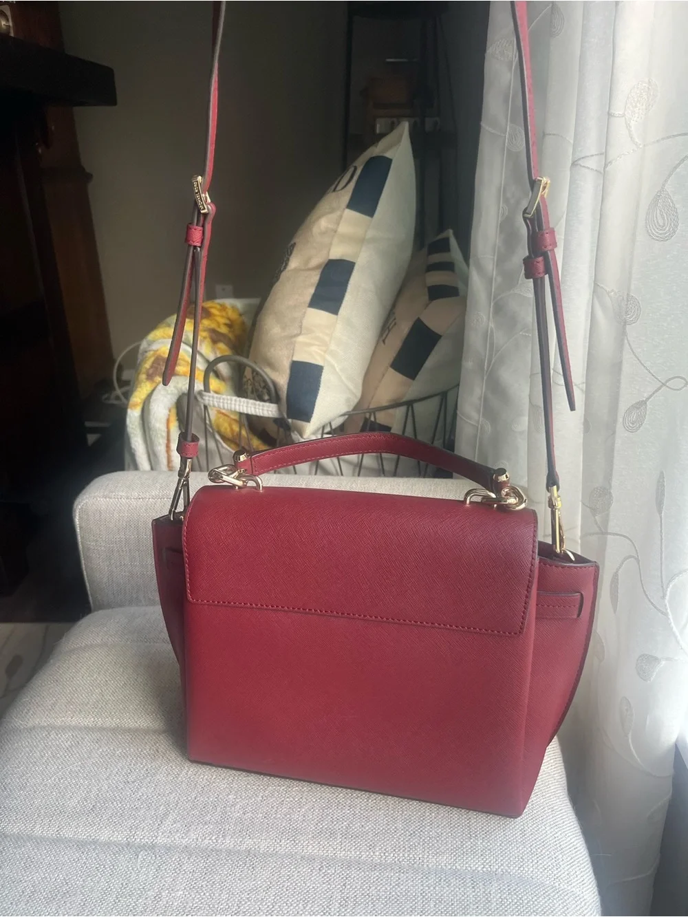 Michael Kors Red Saffiano Leather Satchel with Gold Hardware